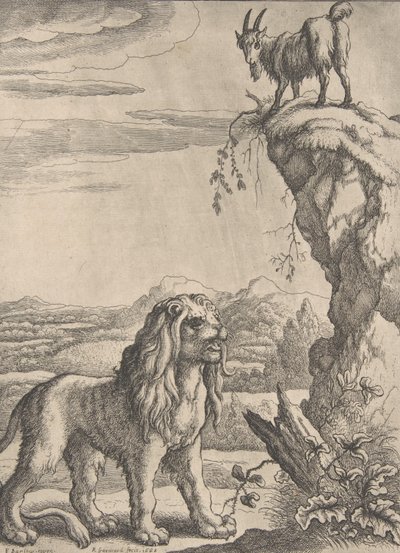 Il leone e il capretto, da Aesopics di Ogilby da Richard Gaywood