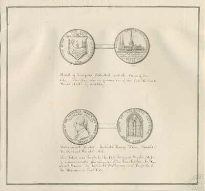 Lichfield - Medaglie della Cattedrale di Lichfield e stemma della città, e un ritratto di Richard Greene: disegno a penna, nd [inizio 19° sec] da Richard Greene