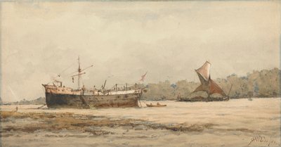 Un Barco e una Chiatta Ormeggiati in un Fiume da Richard Henry Nibbs