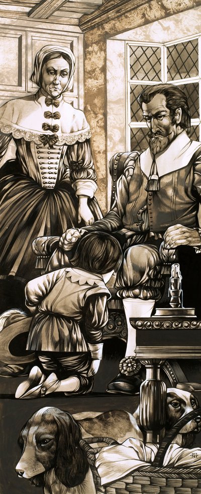 Un ragazzo del XVII secolo si inginocchia davanti al padre in segno di penitenza (gouache su carta) da Richard Hook