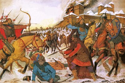 Cittadini della città di Kiev che si difendono dai guerrieri nomadi dell