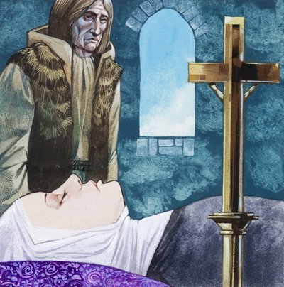 Sir Lancillotto arriva al convento e scopre che la regina Guinivere è già morta. da Richard Hook