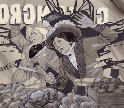 Suffragette che rompono le finestre (gouache su carta) da Richard Hook