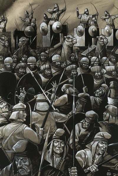 Battaglia non identificata con spadaccini e arcieri da Richard Hook