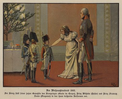 Il re Federico Guglielmo III e la regina Luisa di Prussia con il principe ereditario Federico Guglielmo, il principe Guglielmo e il principe Federico Luigi vestiti in uniformi militari, vigilia di Natale da Richard Knotel