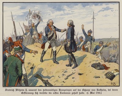 Il re Federico Guglielmo II di Prussia abbraccia il suo eroico figlio, il principe ereditario Federico Guglielmo, sulla collina di Kostheim da Richard Knotel
