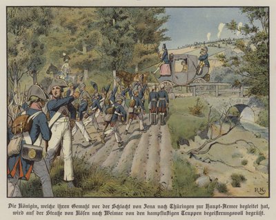 Soldati prussiani che salutano la regina Louise di Prussia mentre passa sulla strada da Kosen a Weimar da Richard Knotel