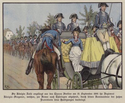 La regina Luisa di Prussia che rivede il suo reggimento di Dragoni, Berlino da Richard Knotel