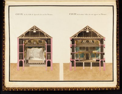 Sezione della sala di spettacolo dal lato del teatro & Sezione della stessa sala dal lato opposto al teatro, dal Recueil des plans du Petit Trianon di Richard Mique da Richard Mique