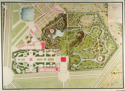 Piano dei giardini francesi e campestri del Petit-Trianon con le masse dell