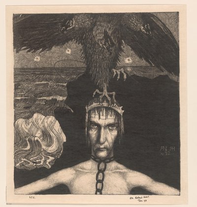 Uomo incatenato con uccello rapace a tre teste sulla testa da Richard Nicolaüs Roland Holst (signed by artist)