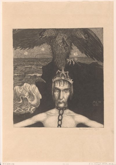 Uomo incatenato con uccello rapace a tre teste sulla testa da Richard Nicolaüs Roland Holst