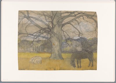 Faggio spoglio in un prato con pecore e un cavallo da Richard Nicolaüs Roland Holst