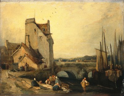 Veduta in Bretagna: ponte, cottage e lavandaia da Richard Parkes (attr. to) Bonington