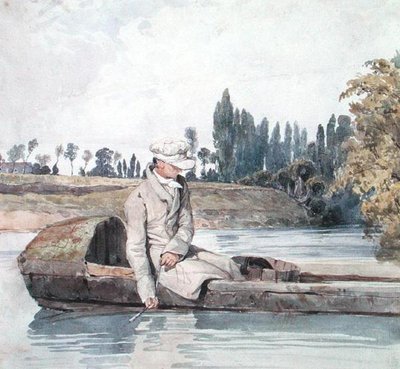Un uomo che pesca da una barca su un fiume da Richard Parkes Bonington