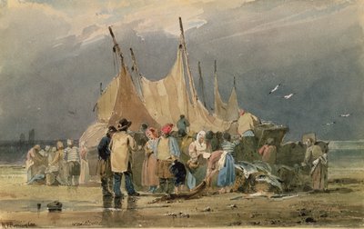 Pescatori su una spiaggia, si avvicina una tempesta da Richard Parkes Bonington
