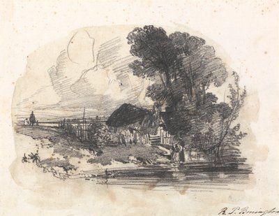Alberi e un cottage vicino a un fiume da Richard Parkes Bonington