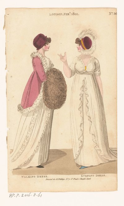 Magazine of Female Fashions of London and Paris. No. 36. London Feb., 1801: Abito da passeggio; Abito da sera da Richard Phillips
