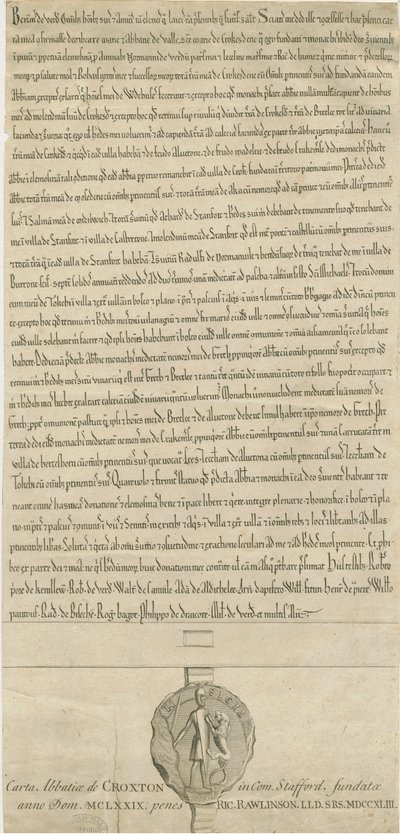 Abbazia di Croxden - Carta di fondazione: incisione da Richard Rawlinson