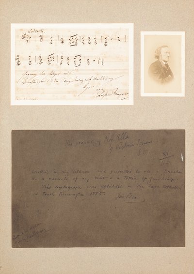 Citazione musicale autografa montata con fotografia carte-de-visite di Wagner e una nota di provenienza da Richard Wagner