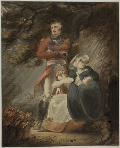 Ufficiale che cerca riparo con la moglie e i figli da una tempesta (recto); schizzo di un castello sulla collina (verso) da Richard Westall