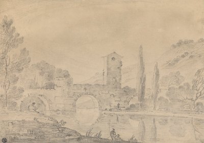 Paesaggio italiano con ponte a tre archi, casa del ponte, figure sulla riva vicina e pioppi sulla riva lontana da Richard Wilson