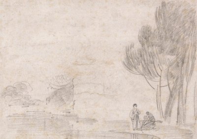 Tempio in rovina di Minerva?, due figure sulla riva del fiume da Richard Wilson