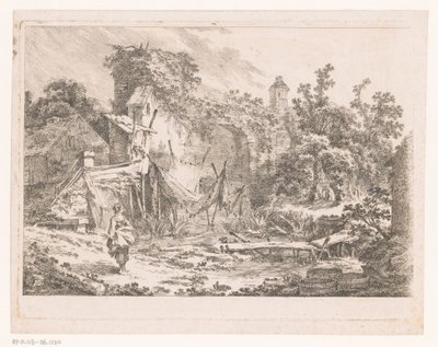 Paesaggio con capanna e reti da pesca su pali da Richard de Saint Non