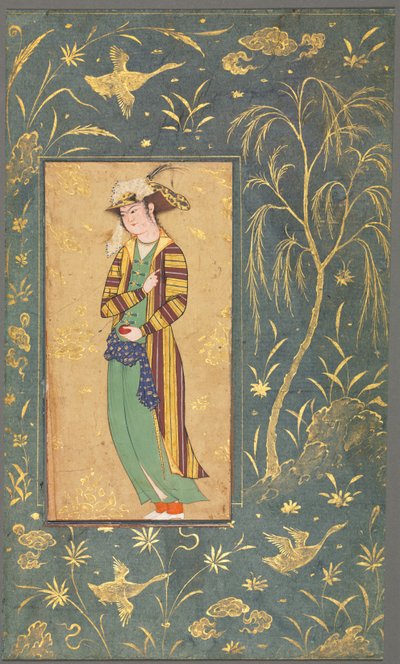 Giovane che tiene un melograno, illustrazione da un manoscritto a pagina singola, c. 1600-1650 da Riza yi Abbasi