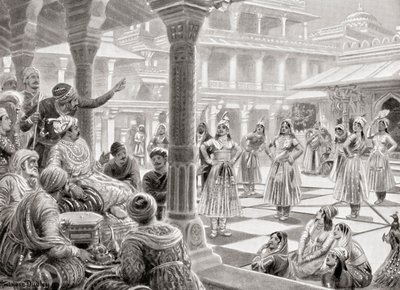 Akbar che gioca a pachisi o chaupur con pezzi viventi a Fatehpur Sikri nel 1575, da Hutchinson