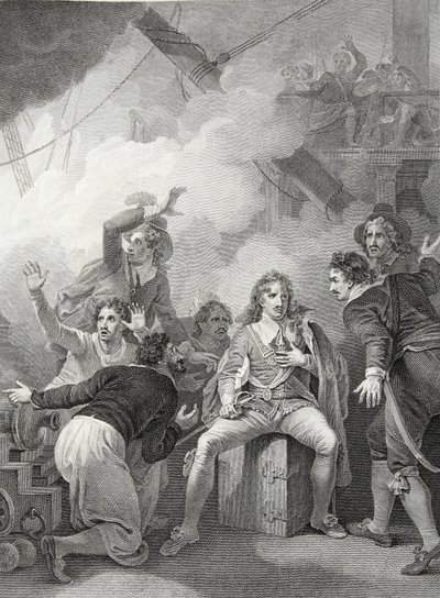 Conte Sandwich rifiuta di lasciare la sua nave in fiamme, nella Battaglia di Sole Bay, inciso da W. Byrne, illustrazione da 