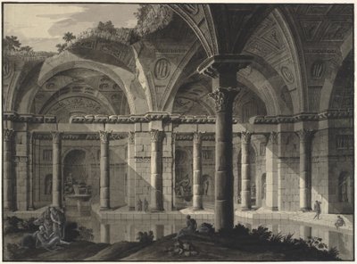 Fantasia architettonica di un bagno antico con tetto in rovina e figure da Robert Adam