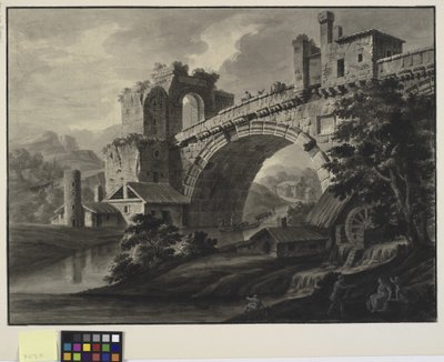 Fantasia architettonica con un ponte antico su un fiume e un mulino ad acqua in primo piano da Robert Adam