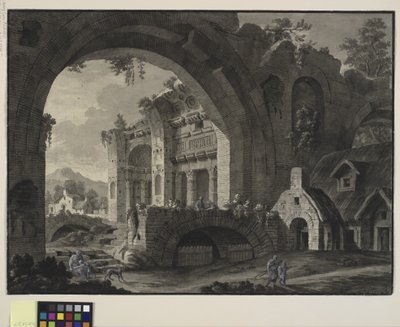 Fantasia architettonica con rovine di un bagno antico e cottage da Robert Adam