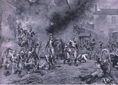 La difesa di Hougoumont, 18 giugno 1815, illustrazione da British Battles on Land and Sea, 1915 da Robert Alexander Hillingford