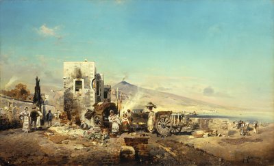 Un villaggio napoletano con il Vesuvio in lontananza, 1889 da Robert Alott