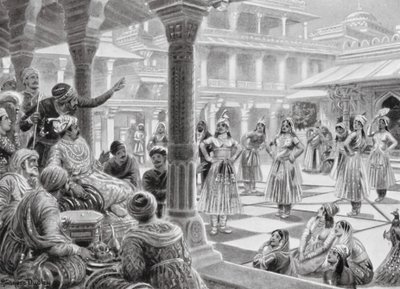 Akbar gioca a dama con pezzi viventi a Fatehpur Sikri da Robert Ambrose Dudley