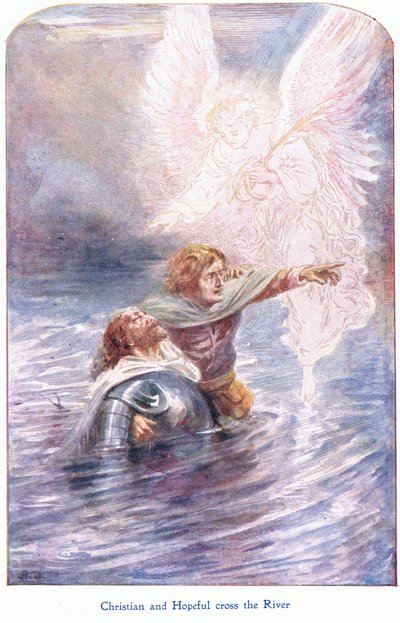 Cristiano e Speranzoso attraversano il fiume, da Il progresso del pellegrino pubblicato da John F Shaw & Co, c.1900 da Robert Ambrose Dudley