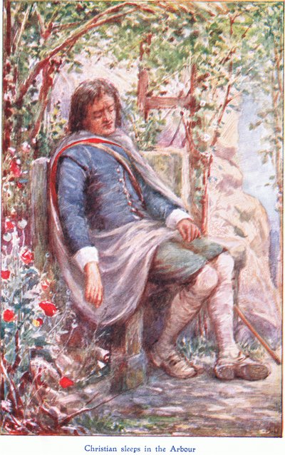 Christian dorme nel pergolato, da The Pilgrims Progress pubblicato da John F Shaw & Co, c.1900 da Robert Ambrose Dudley