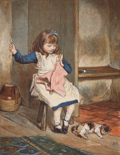 Ragazza che cuce con un gatto ai suoi piedi da Robert Barnes