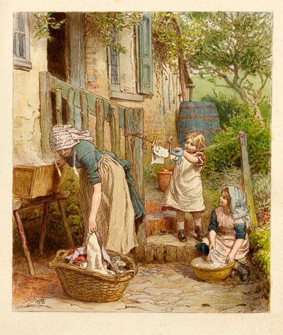 Madre e Bambini che stendono il Bucato, pub. 1854 da Robert Barnes