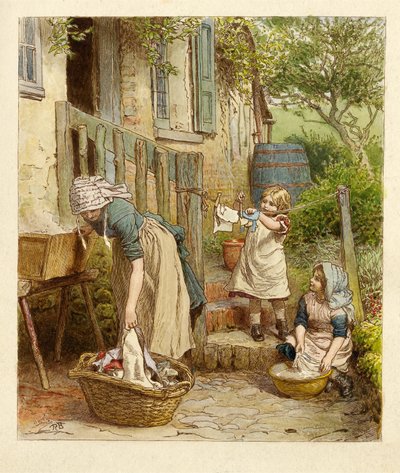 Madre e figli stendono il bucato, pub. 1854 da Robert Barnes