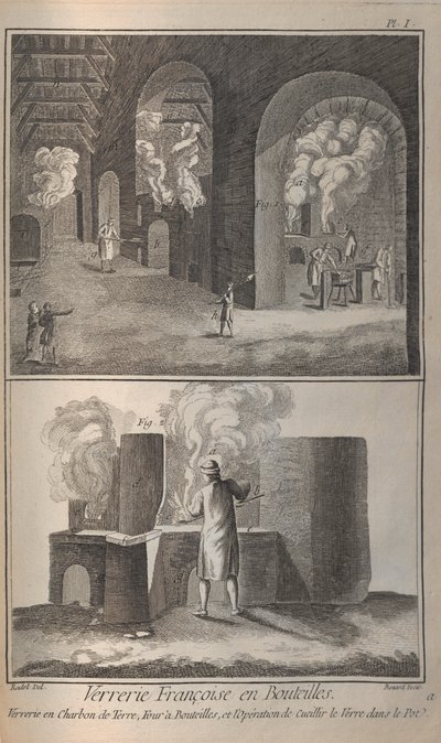 Fabbricazione del vetro. Da Encyclopédie di Denis Diderot e Jean Le Rond d