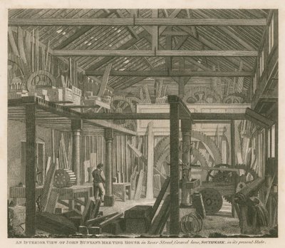 Vista interna della casa di riunione di John Bunyan in Zoar Street, Gravel Lane, Southwark, nel suo stato attuale da Robert Blemell Schnebbelie
