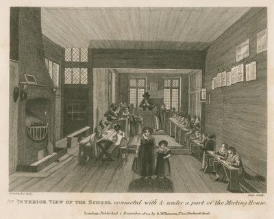 Una vista interna della scuola collegata e sotto una parte di quella che era la casa di riunione di John Bunyan da Robert Blemell Schnebbelie