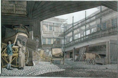 Veduta del cortile dello Spread Eagle, Gracechurch Street, con carrozze e cavalli che si nutrono da Robert Blemell Schnebbelie