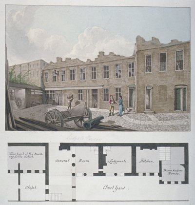 Prigione di Ludgate con una pianta del London Workhouse, Bishopsgate, sotto, Città di Londra, 1818 da Robert Blemmell Schnebbelie