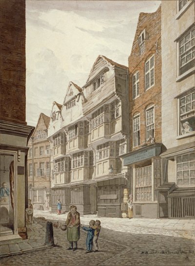 Vista sud-ovest di una vecchia casa a graticcio in Ship Yard, Westminster, Londra, 1815 da Robert Blemmell Schnebbelie