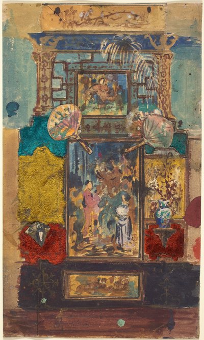 Scenografia composta da pannelli dipinti, tessuti e ventagli da Robert Caney