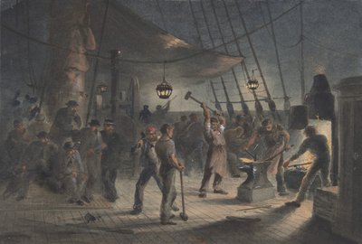 La forgia sul ponte, notte del 9 agosto: preparazione della placcatura in ferro per il cabestano da Robert Charles Dudley